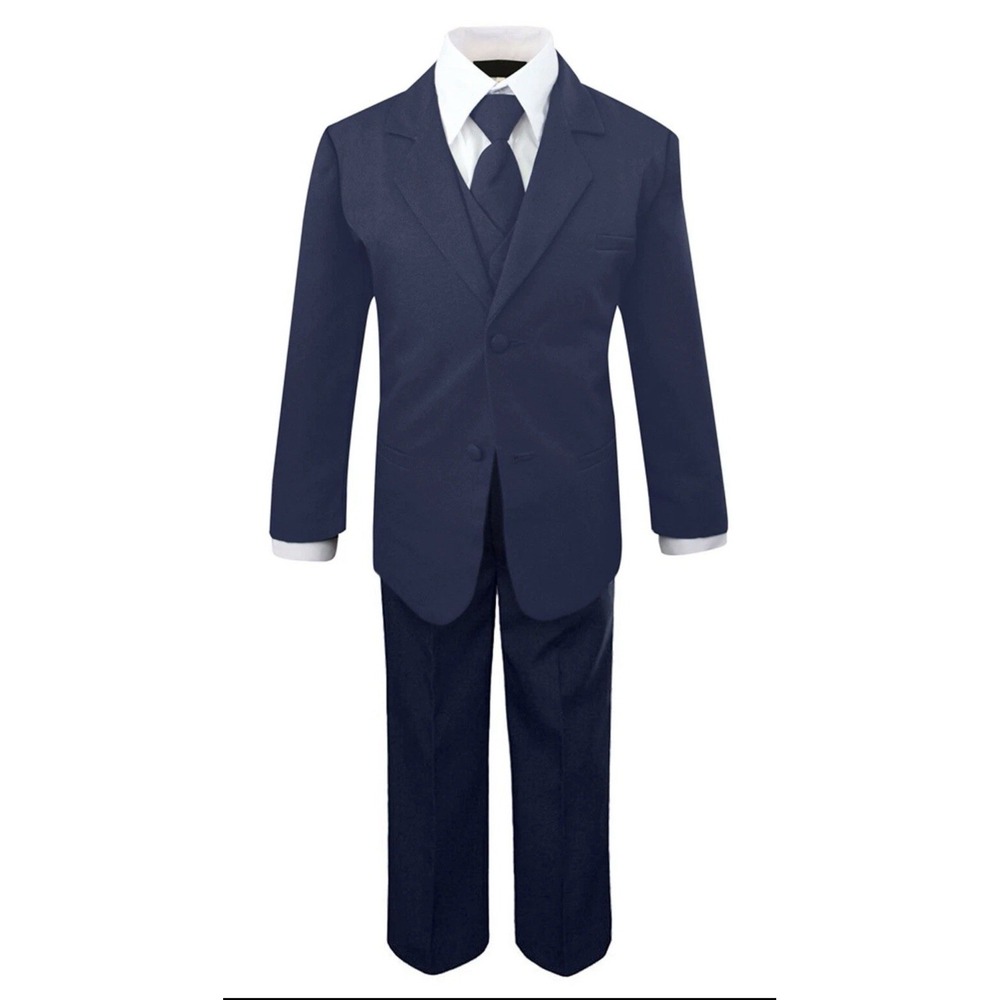 Boys Kid Toddler Formal Navy Blue Suit 5 pieces Set with Vest and Tie Size 2T